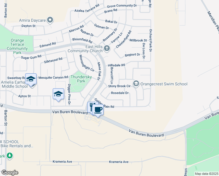 map of restaurants, bars, coffee shops, grocery stores, and more near 20681 Stony Brook Circle in Riverside