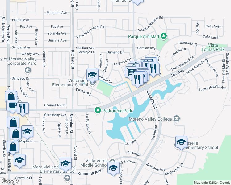 map of restaurants, bars, coffee shops, grocery stores, and more near 25848 Iris Avenue in Moreno Valley