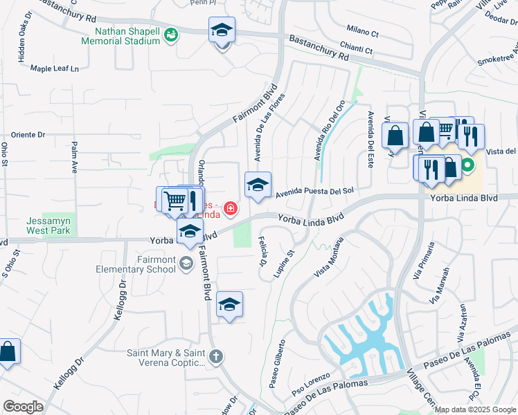map of restaurants, bars, coffee shops, grocery stores, and more near 19901 Yorba Linda Boulevard in Yorba Linda