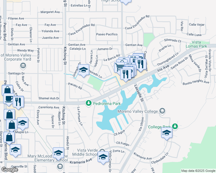 map of restaurants, bars, coffee shops, grocery stores, and more near 25852 Iris Avenue in Moreno Valley