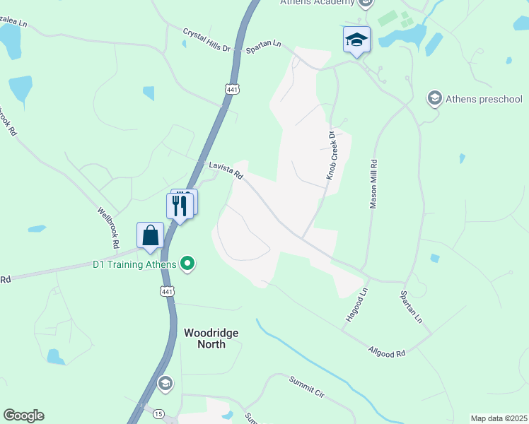 map of restaurants, bars, coffee shops, grocery stores, and more near 1150 Lavista Road in Athens