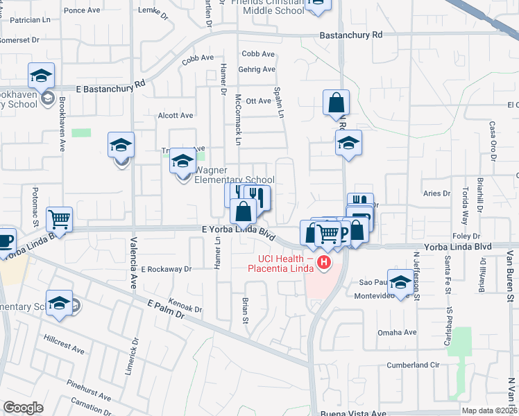 map of restaurants, bars, coffee shops, grocery stores, and more near 4891 Kermath Street in Placentia