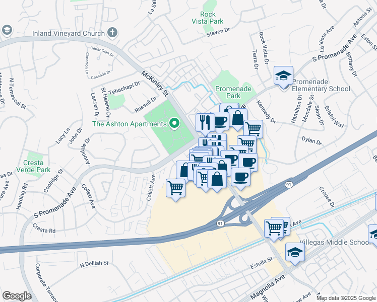 map of restaurants, bars, coffee shops, grocery stores, and more near 2155 Highpointe Drive in Corona