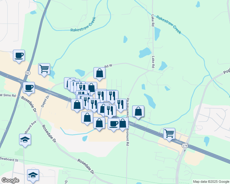 map of restaurants, bars, coffee shops, grocery stores, and more near 149 Greenfield Road in Hiram