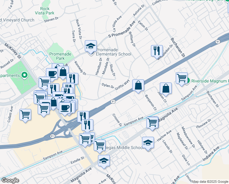 map of restaurants, bars, coffee shops, grocery stores, and more near 390 Dylan Circle in Corona