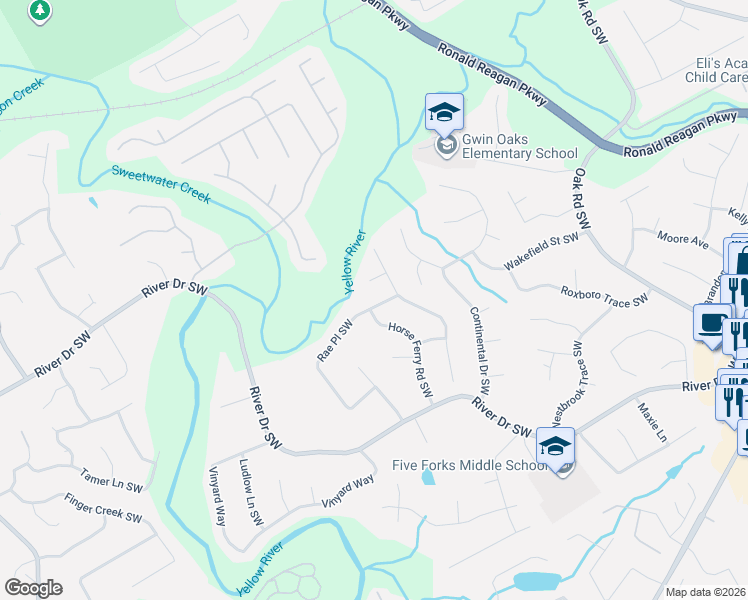 map of restaurants, bars, coffee shops, grocery stores, and more near 567 Hunt Station Drive in Lawrenceville