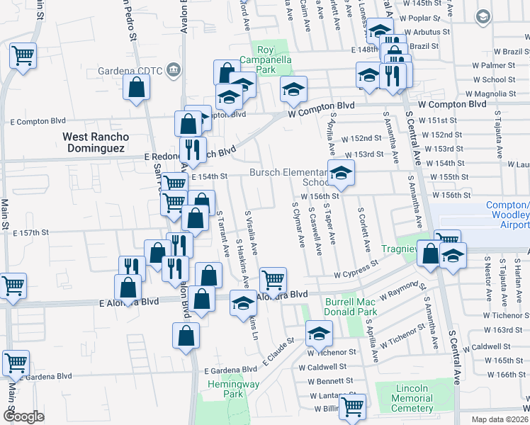 map of restaurants, bars, coffee shops, grocery stores, and more near 830 East Darlan Street in Compton