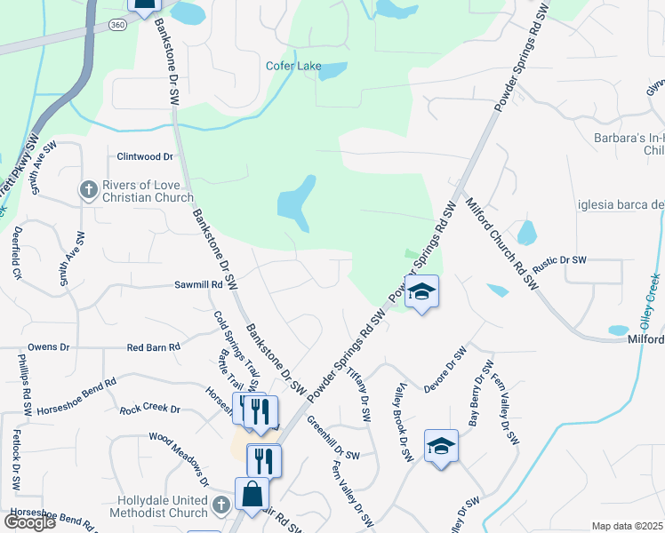 map of restaurants, bars, coffee shops, grocery stores, and more near 2325 Sebring Court in Marietta