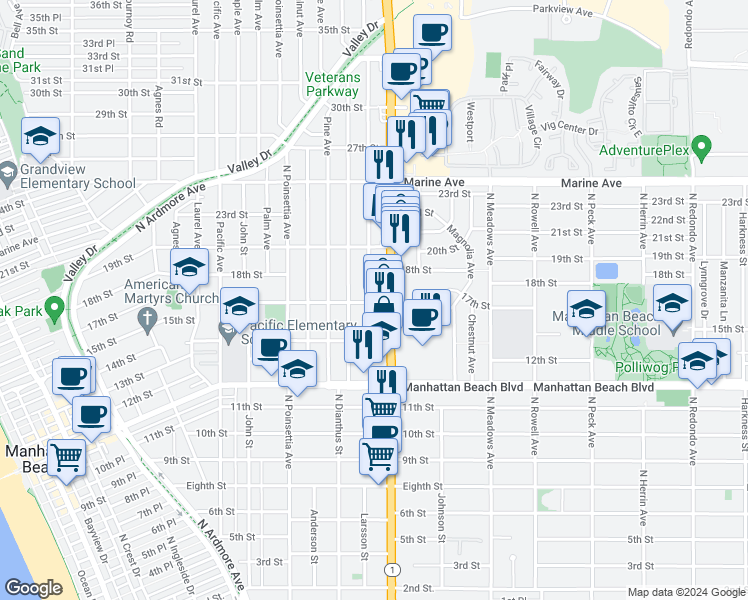 map of restaurants, bars, coffee shops, grocery stores, and more near 1700 Oak Avenue in Manhattan Beach
