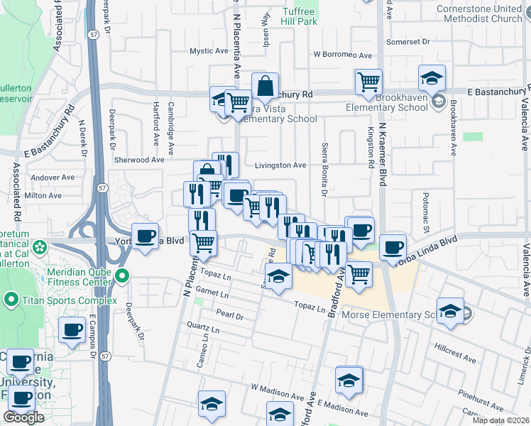 map of restaurants, bars, coffee shops, grocery stores, and more near 3110 East Palm Drive in Fullerton