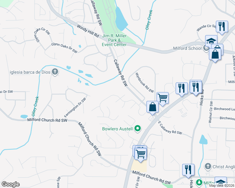 map of restaurants, bars, coffee shops, grocery stores, and more near 2623 Windage Drive Southwest in Marietta