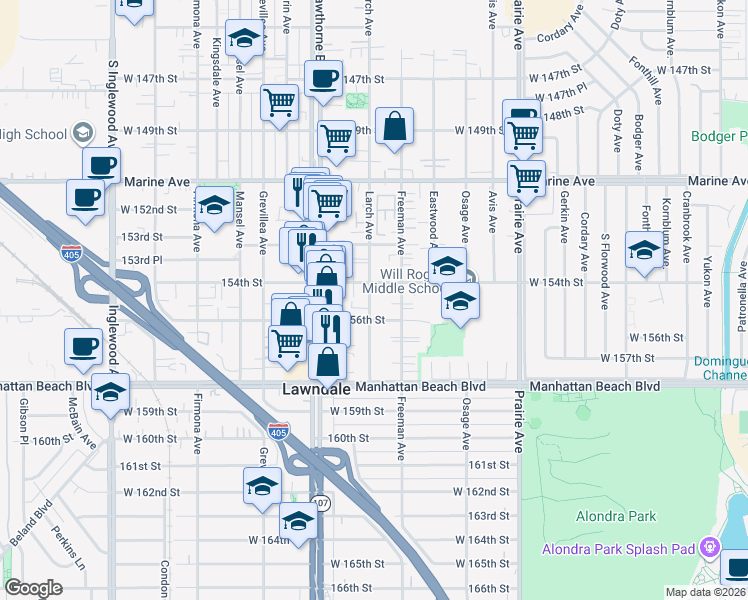 map of restaurants, bars, coffee shops, grocery stores, and more near 4229 154th Street in Lawndale
