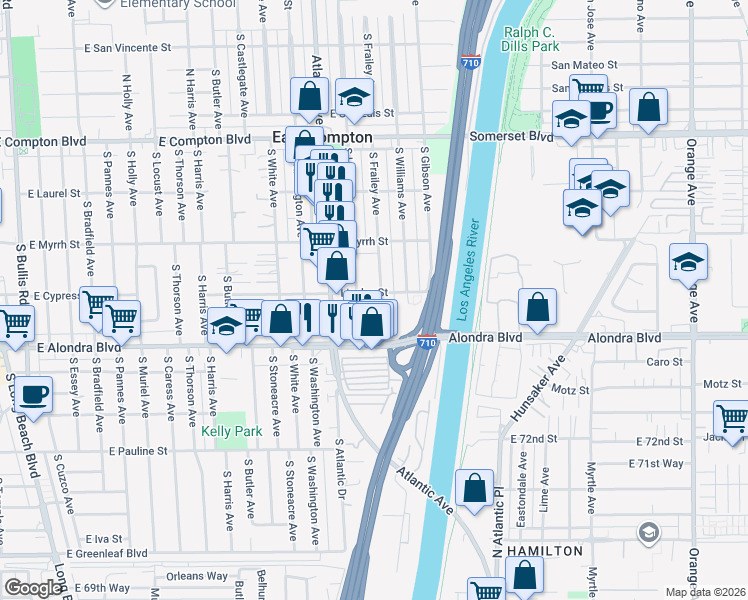 map of restaurants, bars, coffee shops, grocery stores, and more near 4618 Linsley Street in Compton