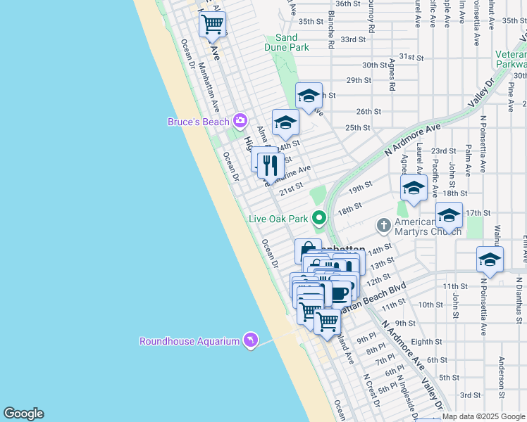 map of restaurants, bars, coffee shops, grocery stores, and more near 124 21st Place in Manhattan Beach