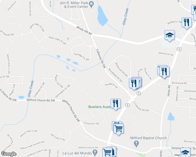 map of restaurants, bars, coffee shops, grocery stores, and more near 2621 Windage Drive Southwest in Marietta