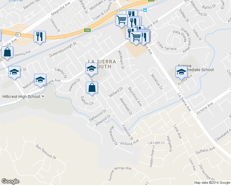 map of restaurants, bars, coffee shops, grocery stores, and more near 11411 Millard Drive in Riverside