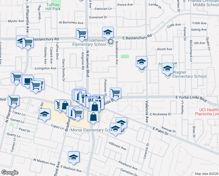 map of restaurants, bars, coffee shops, grocery stores, and more near 1525 Rogue Street in Placentia