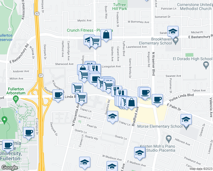 map of restaurants, bars, coffee shops, grocery stores, and more near 1501 Shepard Circle in Placentia