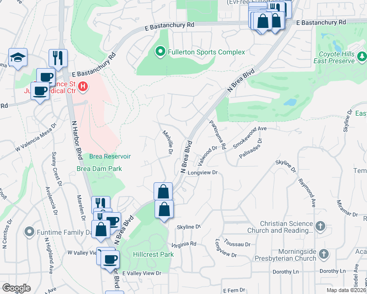 map of restaurants, bars, coffee shops, grocery stores, and more near 1923 Overlook Road in Fullerton