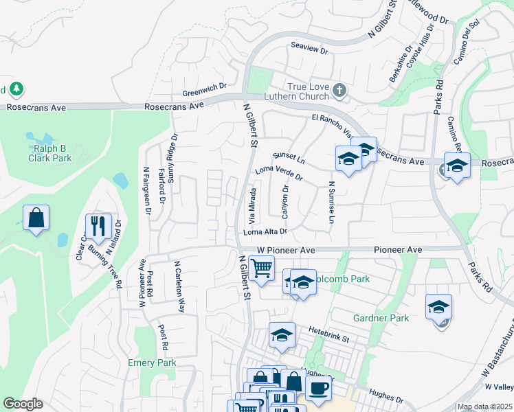 map of restaurants, bars, coffee shops, grocery stores, and more near 1701 Sunset Lane in Fullerton