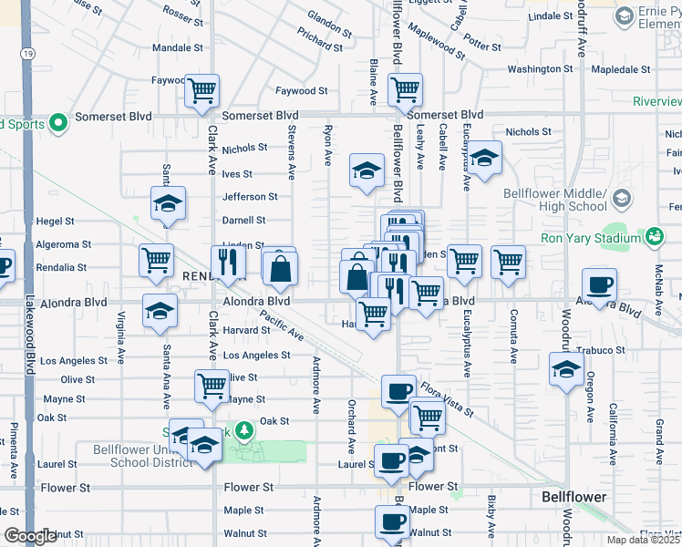 map of restaurants, bars, coffee shops, grocery stores, and more near 15724 1/2 Ryon Avenue in Bellflower
