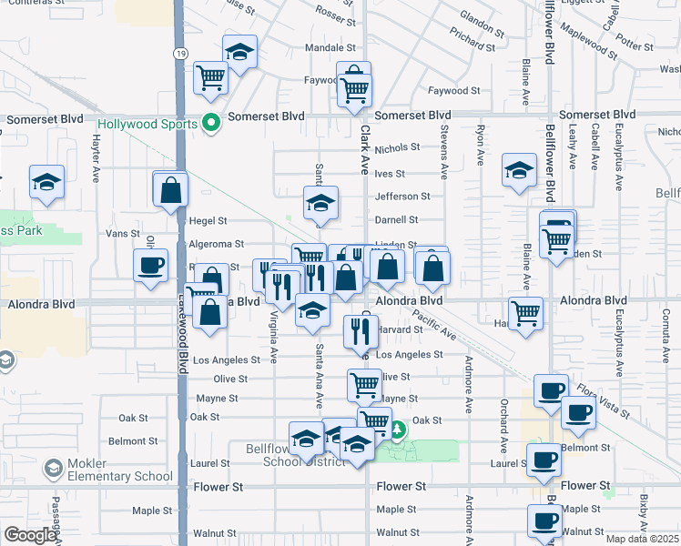 map of restaurants, bars, coffee shops, grocery stores, and more near 15706 Santa Ana Avenue in Bellflower