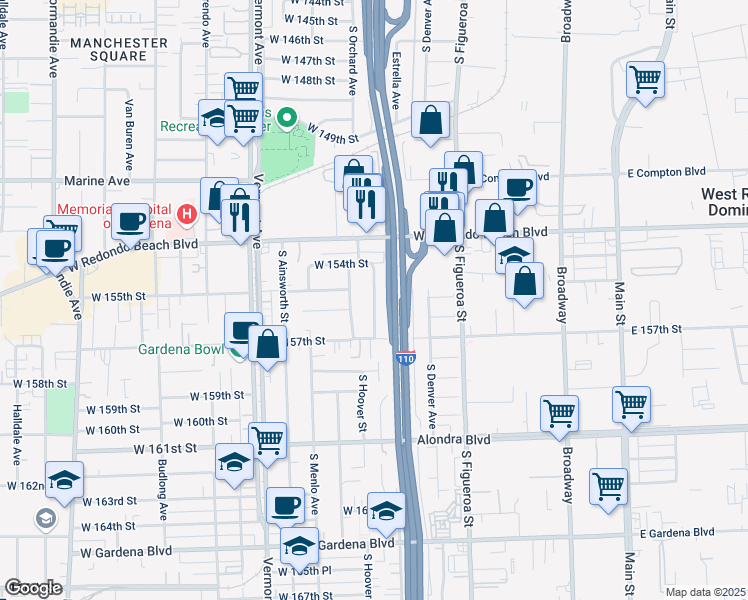 map of restaurants, bars, coffee shops, grocery stores, and more near 15421 Bonsallo Avenue in Gardena