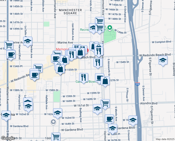 map of restaurants, bars, coffee shops, grocery stores, and more near 15411 Berendo Avenue in Gardena