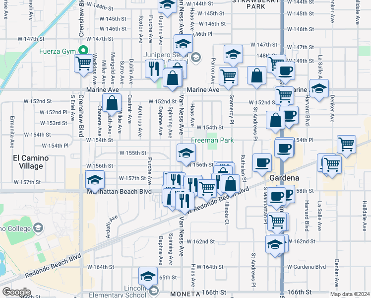 map of restaurants, bars, coffee shops, grocery stores, and more near 15403 Haas Avenue in Gardena