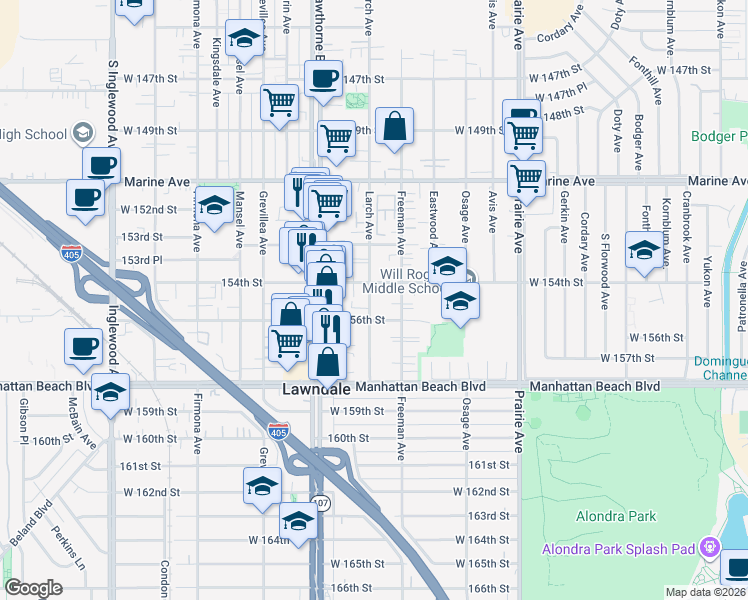 map of restaurants, bars, coffee shops, grocery stores, and more near 4229 154th Street in Lawndale