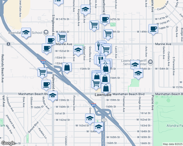 map of restaurants, bars, coffee shops, grocery stores, and more near 15420 Grevillea Avenue in Lawndale
