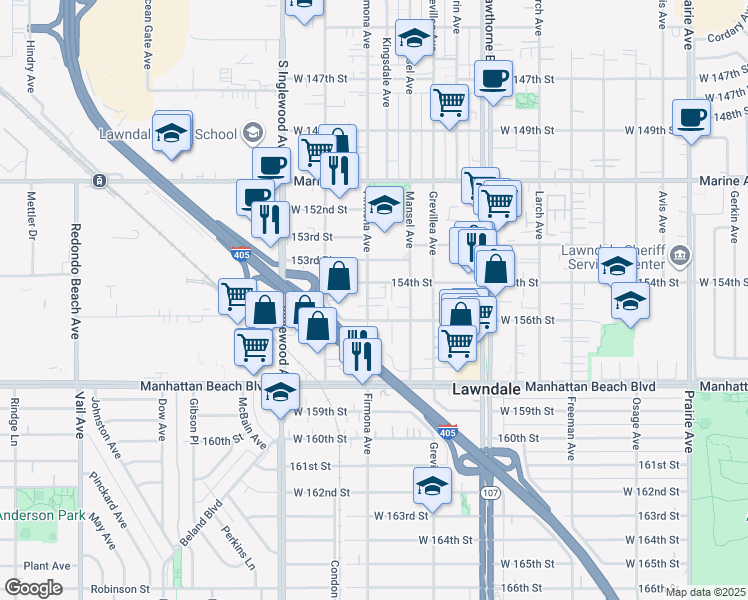 map of restaurants, bars, coffee shops, grocery stores, and more near 4574 154th Street in Lawndale