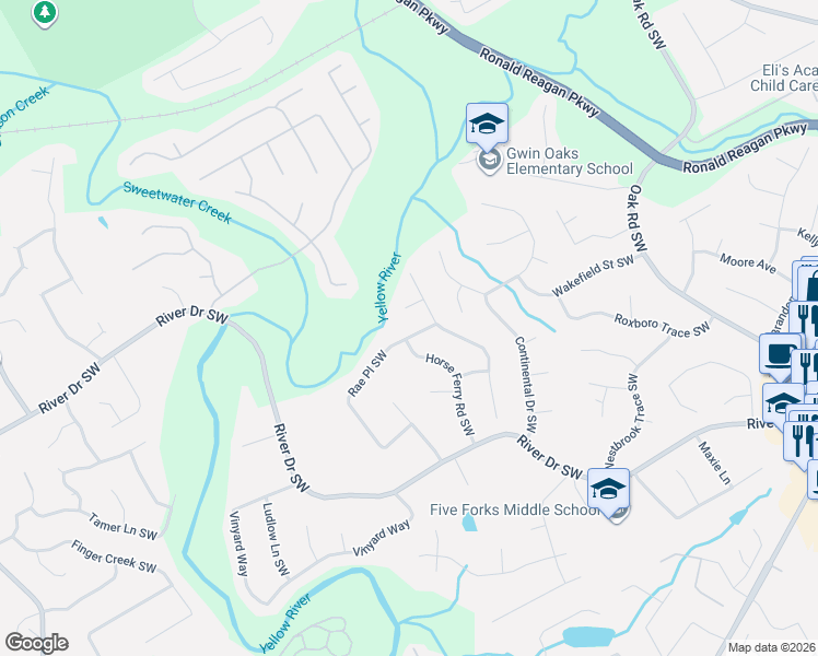map of restaurants, bars, coffee shops, grocery stores, and more near 567 Hunt Station Drive in Lawrenceville