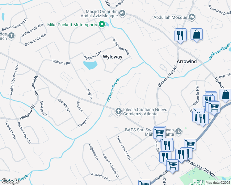 map of restaurants, bars, coffee shops, grocery stores, and more near 740 Walnut Creek Drive Northwest in Lilburn