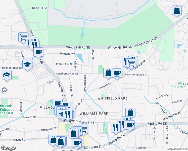 map of restaurants, bars, coffee shops, grocery stores, and more near 1422 Hawthorne Avenue Southeast in Smyrna