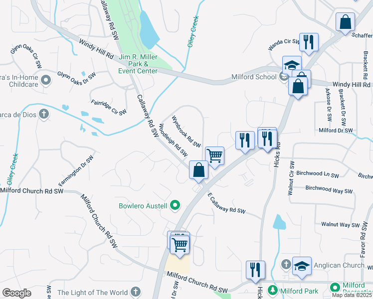map of restaurants, bars, coffee shops, grocery stores, and more near 1141 Wynbrook Road Southwest in Marietta
