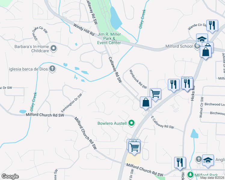 map of restaurants, bars, coffee shops, grocery stores, and more near 2623 Windage Drive Southwest in Marietta