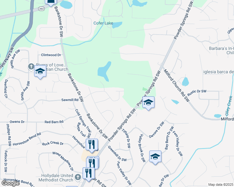 map of restaurants, bars, coffee shops, grocery stores, and more near 2325 Sebring Court in Marietta