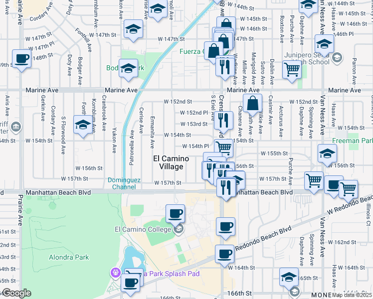 map of restaurants, bars, coffee shops, grocery stores, and more near 3203 West 154th Place in Gardena