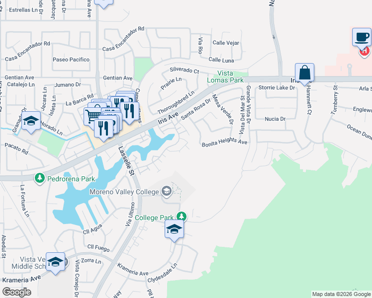 map of restaurants, bars, coffee shops, grocery stores, and more near 15775 Avenida De Circo in Moreno Valley