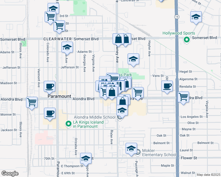 map of restaurants, bars, coffee shops, grocery stores, and more near 8444 Madison Street in Paramount