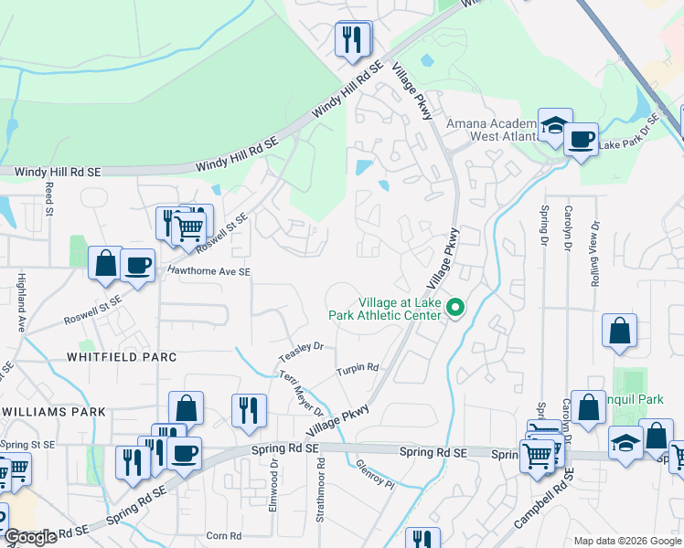 map of restaurants, bars, coffee shops, grocery stores, and more near 2800 Woodlands Drive Southeast in Smyrna