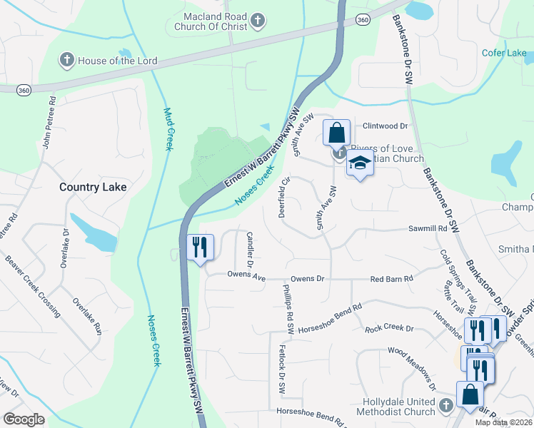 map of restaurants, bars, coffee shops, grocery stores, and more near 2652 Holmes Mill Place Southwest in Marietta