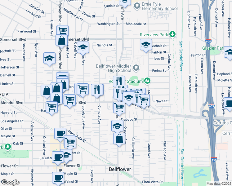 map of restaurants, bars, coffee shops, grocery stores, and more near 15717 Woodruff Avenue in Bellflower