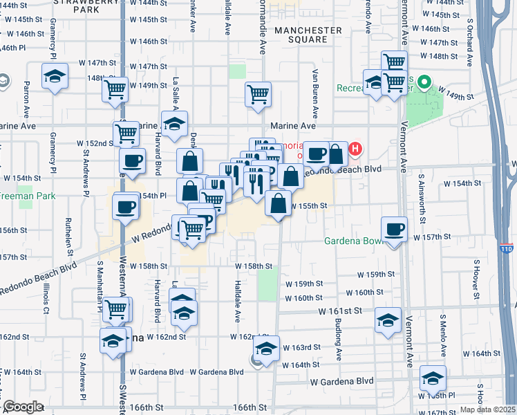 map of restaurants, bars, coffee shops, grocery stores, and more near 1420 West Redondo Beach Boulevard in Gardena
