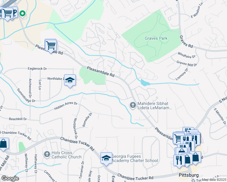 map of restaurants, bars, coffee shops, grocery stores, and more near 3917 Valley Bluff Drive in Atlanta