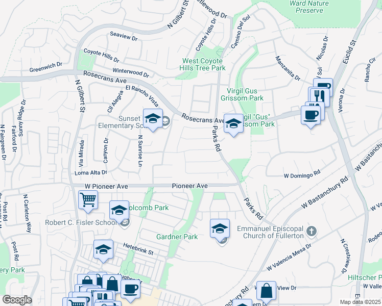 map of restaurants, bars, coffee shops, grocery stores, and more near 1839 West Conejo Lane in Fullerton