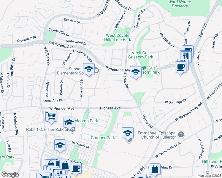 map of restaurants, bars, coffee shops, grocery stores, and more near 1856 West Conejo Lane in Fullerton