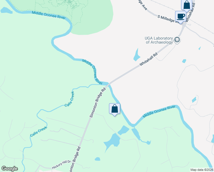 map of restaurants, bars, coffee shops, grocery stores, and more near Simonton Bridge Rd & Whitehall Rd in Athens