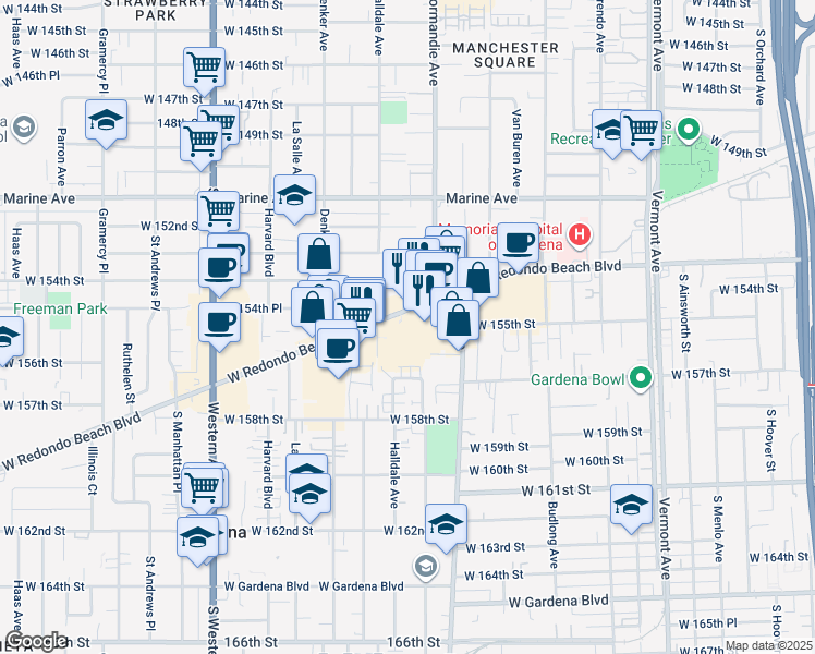 map of restaurants, bars, coffee shops, grocery stores, and more near 1455 West Redondo Beach Boulevard in Gardena